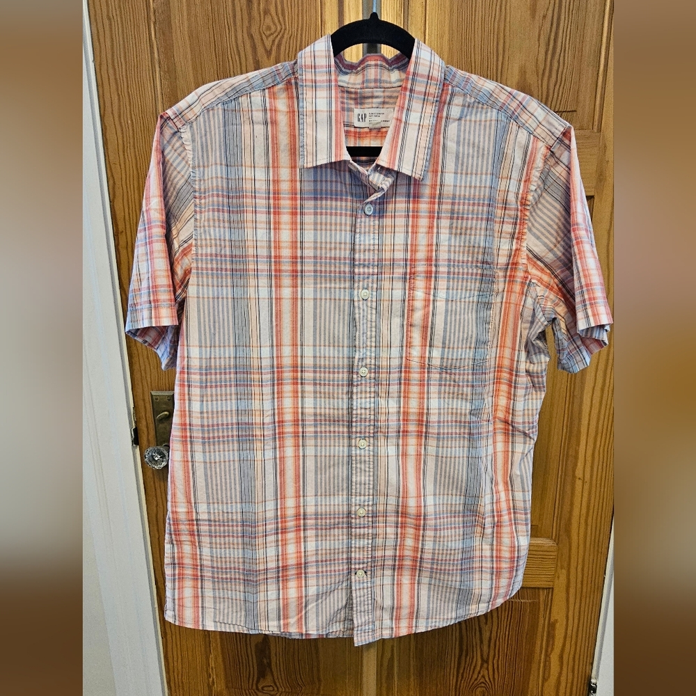 Gap Short Sleeve Slim Fit Soft Poplin Plaid Button Up Size Large